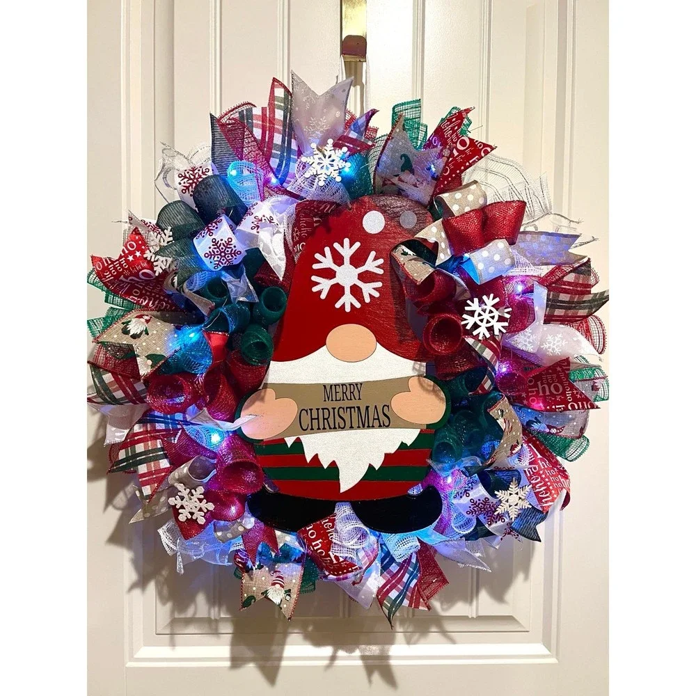 Christmas Snowflake Gnome Holiday Ribbon Door Wreath Handmade 22 ins LED W10